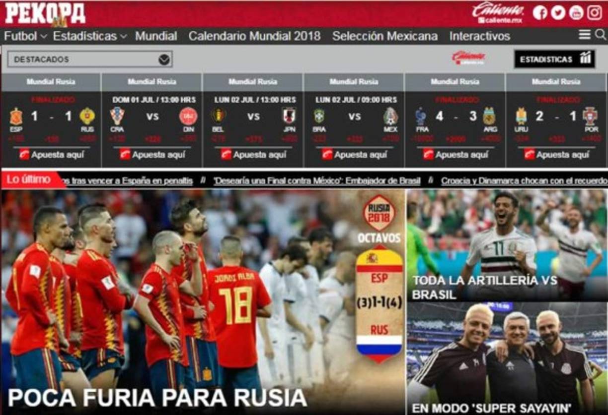 Diario Récord de México: 'Poca furia para Rusia'.