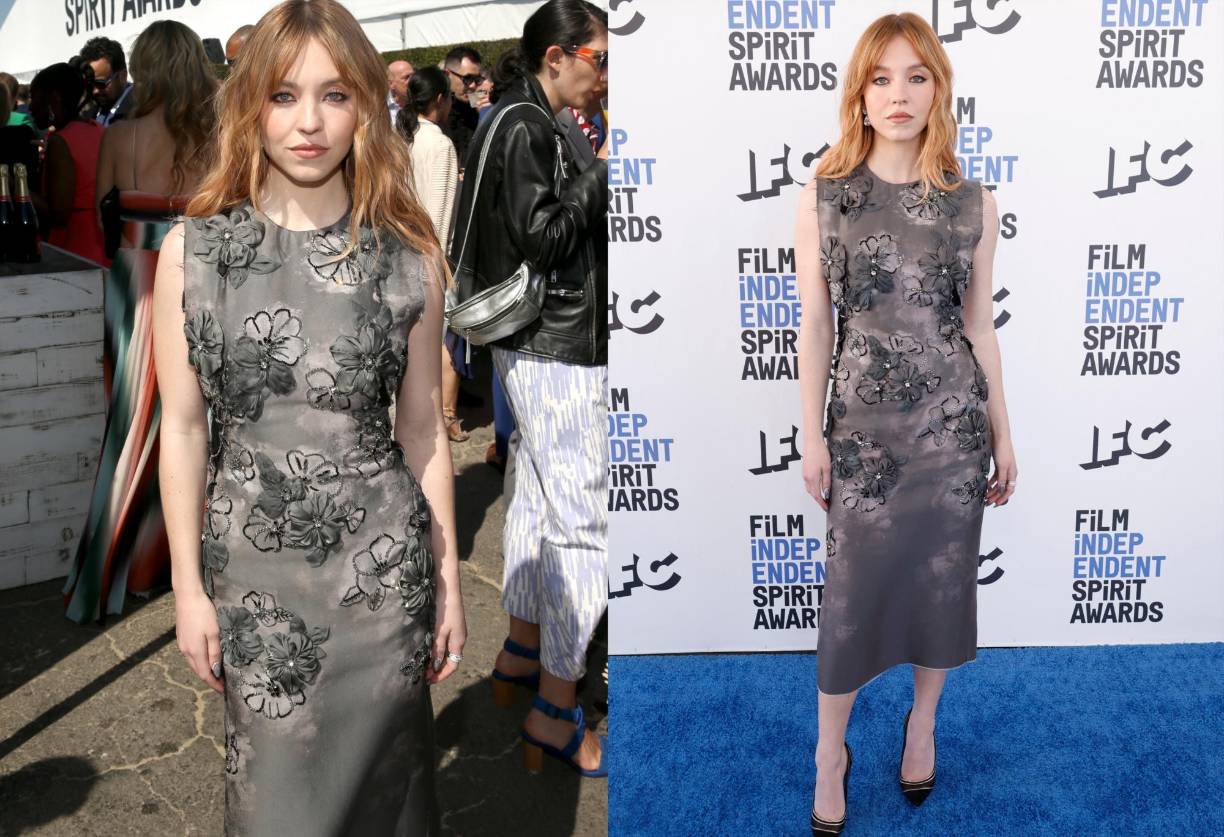 La estrella de Euphoria, Sydney Sweeney, debutó con su cabello rojo recién teñido en la alfombra, combinándolo con un vestido midi plateado adornado con flores.