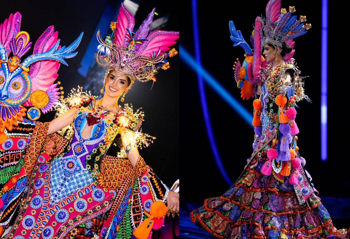 Miss Universe México, Melissa Flores, representó la cultura azteca con detalles coloridos y artísticos. La hermosa modelo brilló en el escenario con su extravagante presencia.