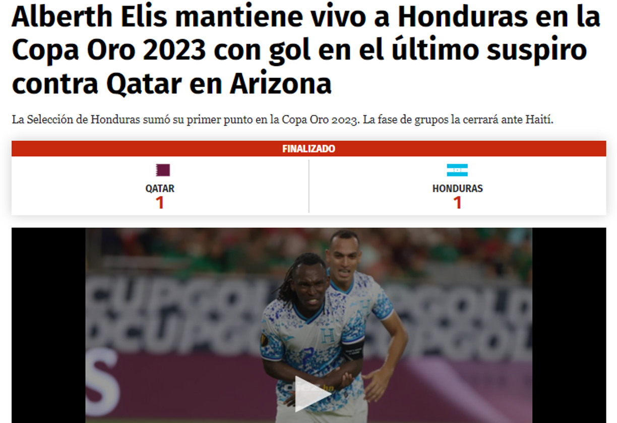 Diario DIEZ: “Alberth Elis mantiene vivo a Honduras en la Copa Oro 2023 con gol en el último suspiro contra Qatar en Arizona”.