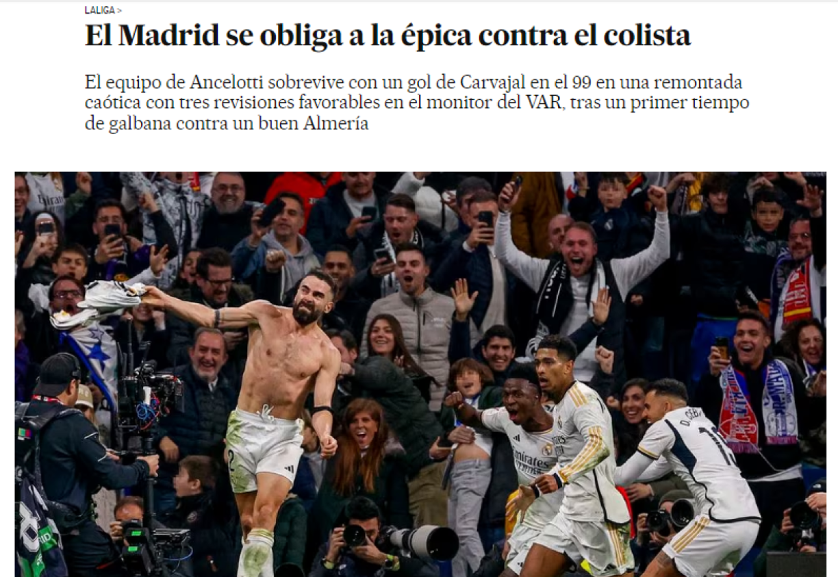 El País de España publicó que “el Madrid se obliga a la épica contra el colista” y señalan las jugadas revisadas por el VAR.