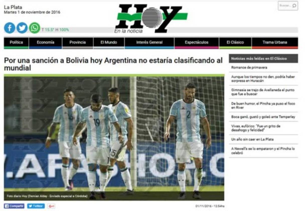 Diario Hoy: 'Por una sanción a Bolivia hoy Argentina no estaría clasificando al Mundial'.