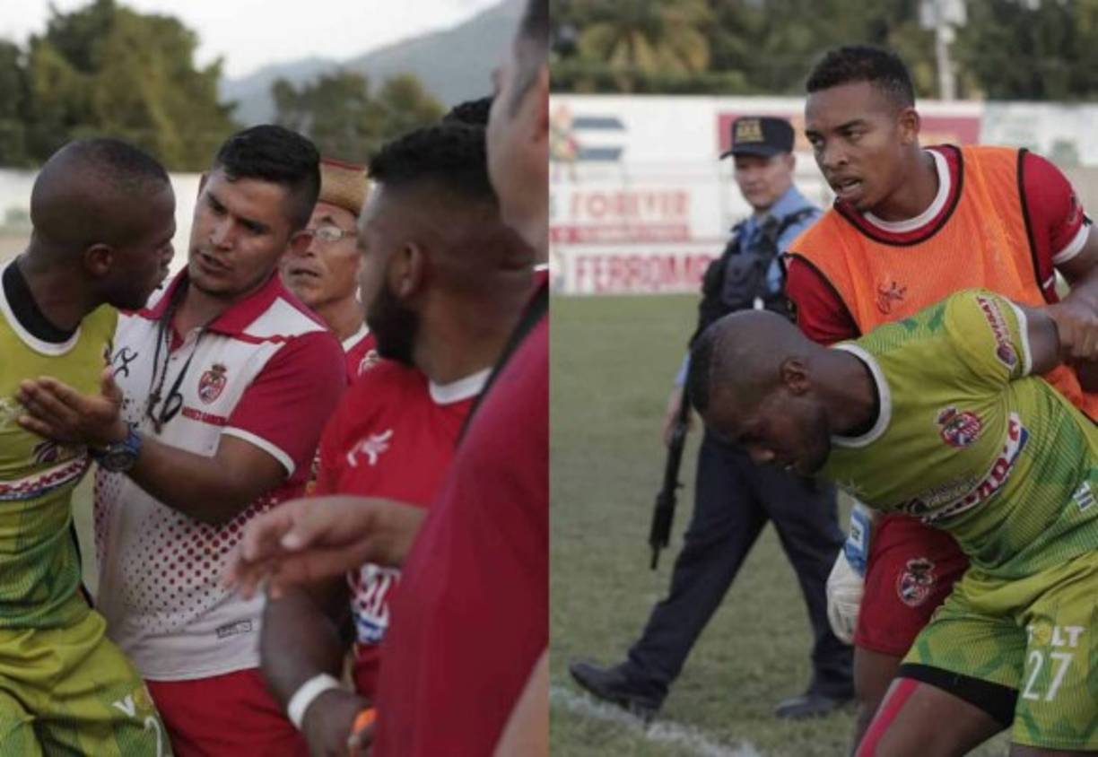 Las imágenes más curiosas de la jornada 8 se dieron en el empate 2-2 entre Honduras Progreso y Real Sociedad luego de que futbolistas del club de Tocoa estuvieron a punto de irse a los golpes tras el final del encuentro. Fotos Melvin Cubas, Edwin Romero y Ronald Aceituno.