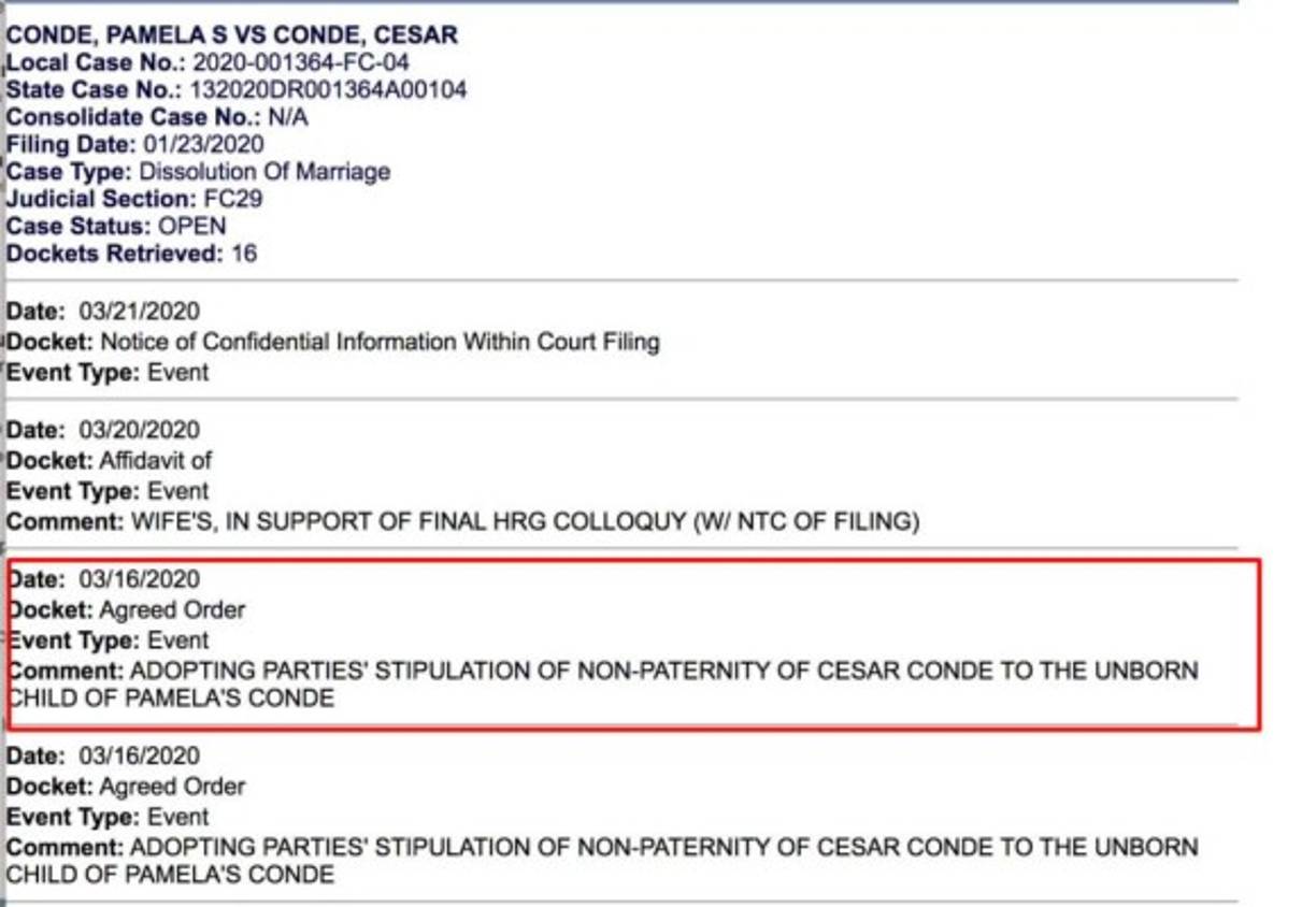 Estas declaraciones se basan en los documentos de la demana de divorcio interpuesta por Pamela Silva el pasado 23 de enero de 2020, en donde se estipula que Cesar no es el padre del bebé que todavía no ha nacido.