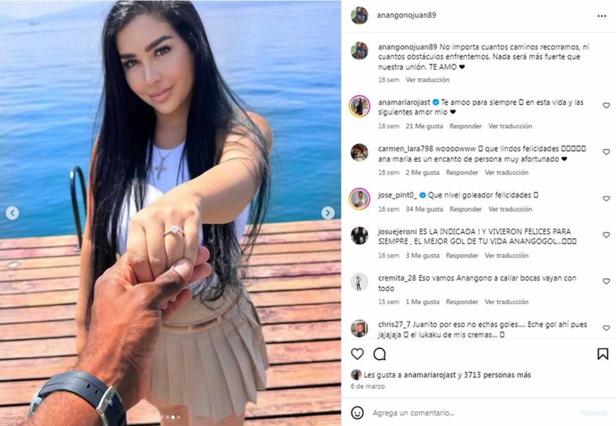 Juan Anangonó compartió en sus redes sociales el lindo momento y Ana María mostró su anillo de compromiso. “No importa cuantos caminos recorramos, ni cuantos obstáculos enfrentemos. Nada será más fuerte que nuestra unión. TE AMO”, escribió el jugador.