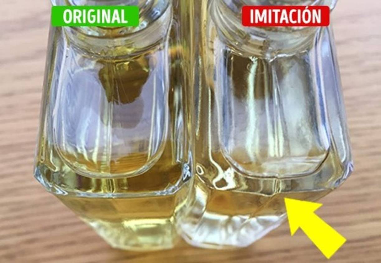 Los frascos del perfume original están bien hechos, los frascos falsificados tienen irregularidades, comisuras visibles y diferente grosor.