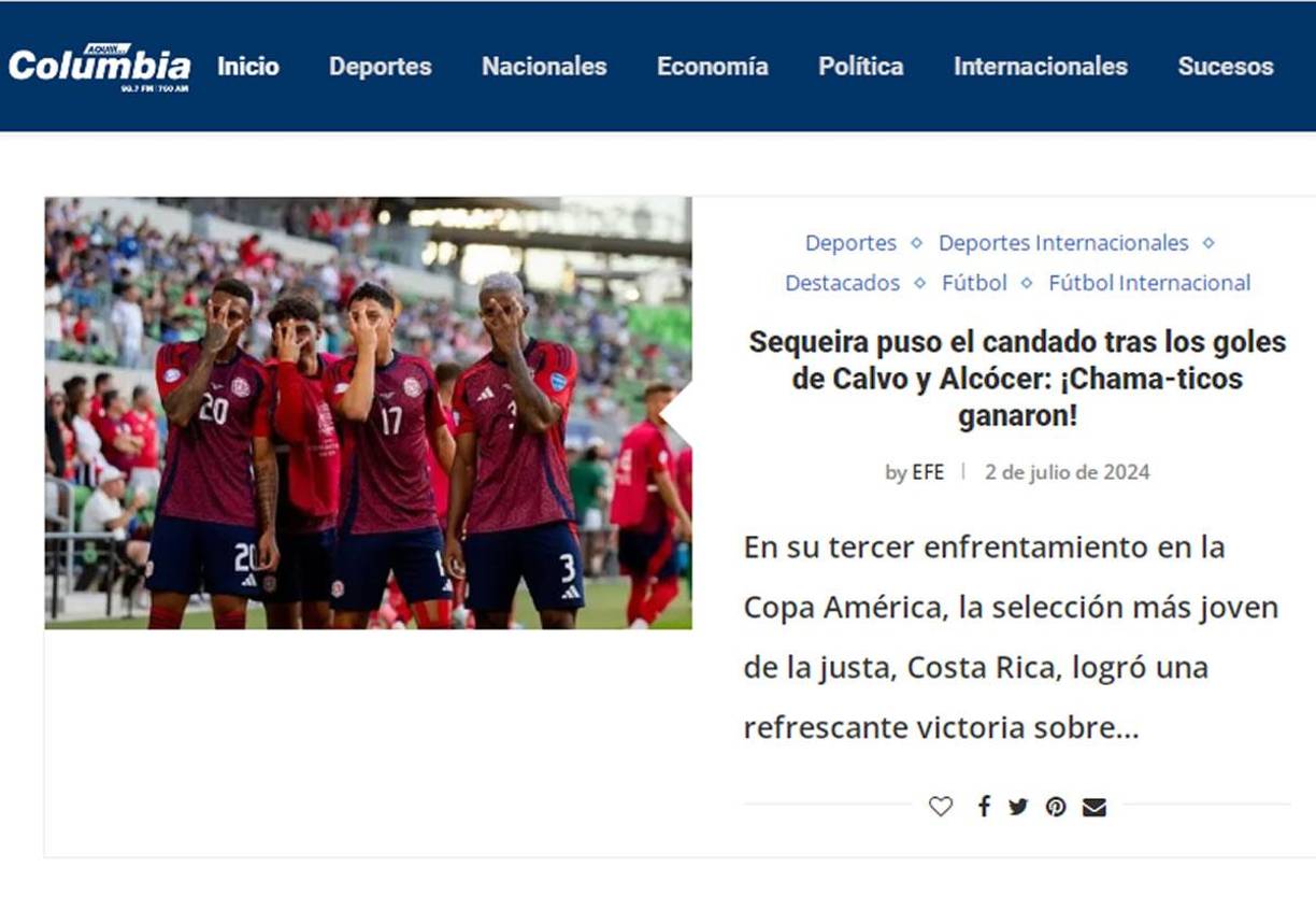 Columbia de Costa Rica - “En su tercer enfrentamiento en la Copa América, la selección más joven de la justa, Costa Rica, logró una refrescante victoria sobre Paraguay”.
