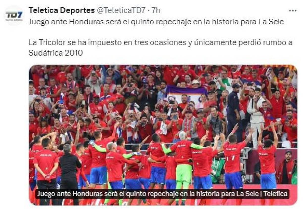 Teletica Deporte: “Juego ante Honduras será el quinto repechaje en la historia para la Sele. Se ha impuesto en tres ocasiones”.