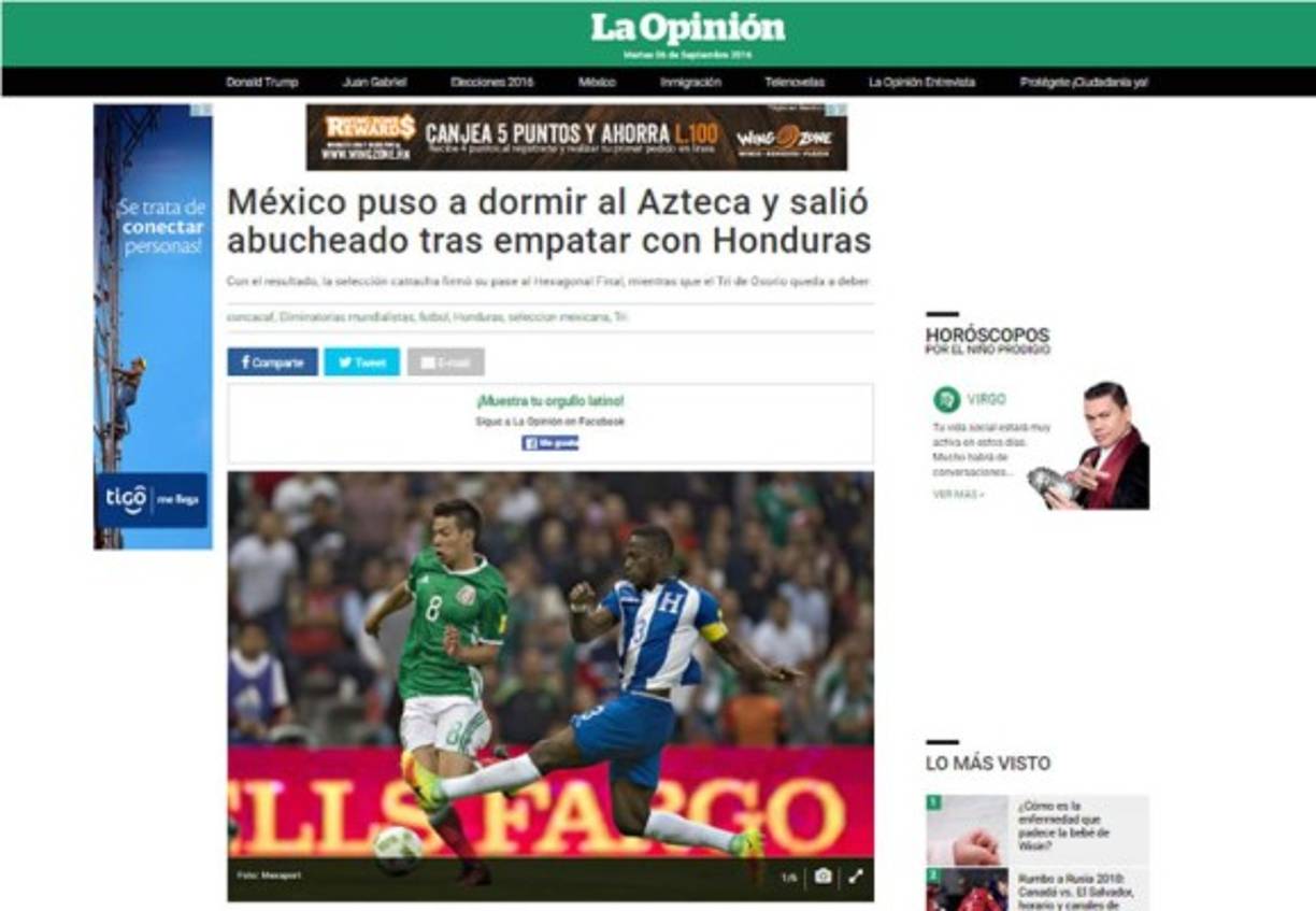 La Opinión: 'México puso a dormir al Azteca y salió abucheado tras empatar con Honduras. Con el resultado, la selección catracha firmó su pase al Hexagonal Final, mientras que el Tri de Osorio queda a deber'.