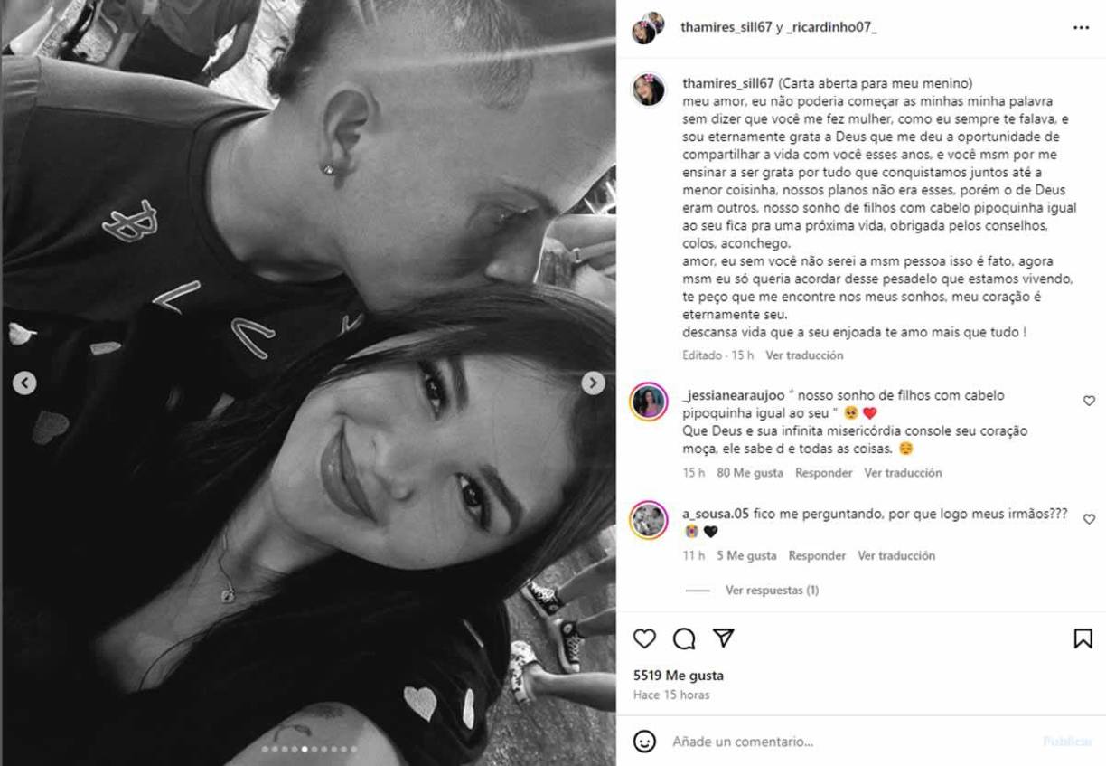 La novia de Ricardinho, Thamires, publicó en su cuenta de Instagram un conmovedor mensaje de despedida para el futbolista.