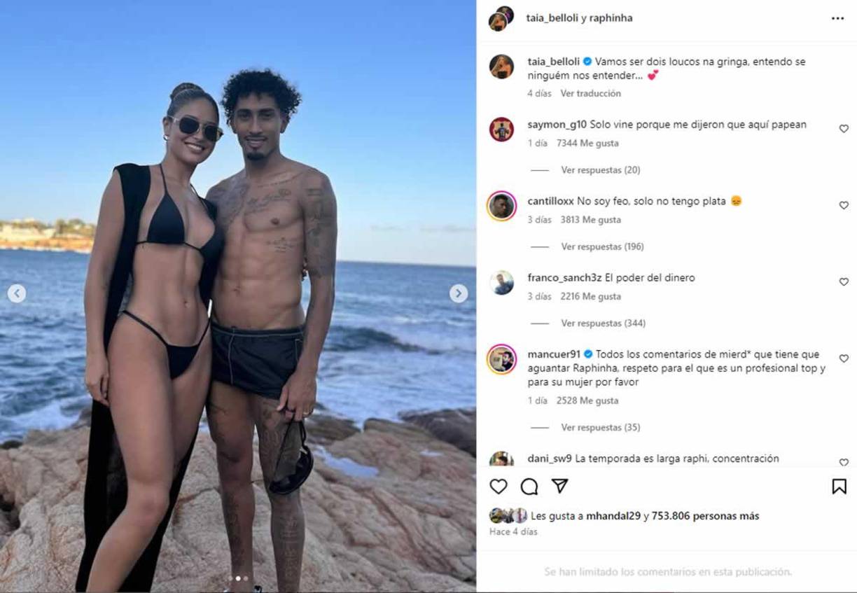 La foto de Raphinha junto a Natalia Rodrigues Belloli ya suma más de 753.000 ‘likes’ (me gusta) en Instagram.