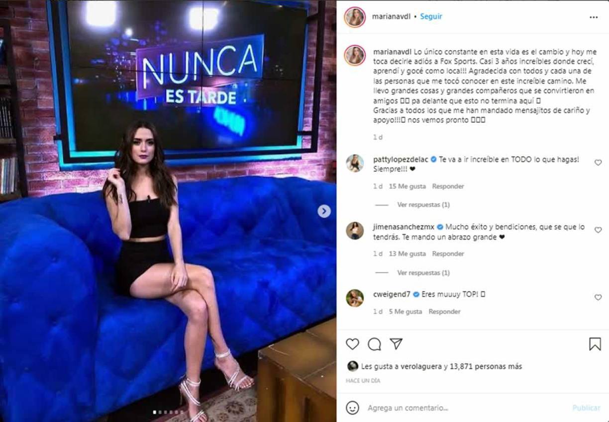 “Lo único constante en esta vida es el cambio y hoy me toca decirle adiós a Fox Sports. Casi 3 años increíbles donde crecí, aprendí y gocé como loca. Agradecida con todos y cada una de las personas que me tocó conocer en este increíble camino”, publicó Mariana Velázquez en Instagram.