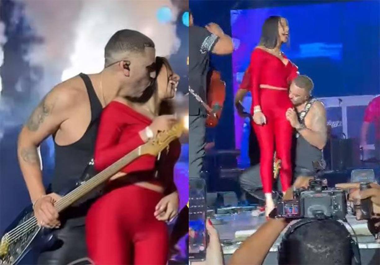 Acto seguido, la abrazó por la espalda y comenzó a hacer movimientos obscenos que provocaron la incomodidad de la cantante. Ante esto, Romeo Santos se acercó a él y tomó por el brazo a Max para alejarlo de Yailín.