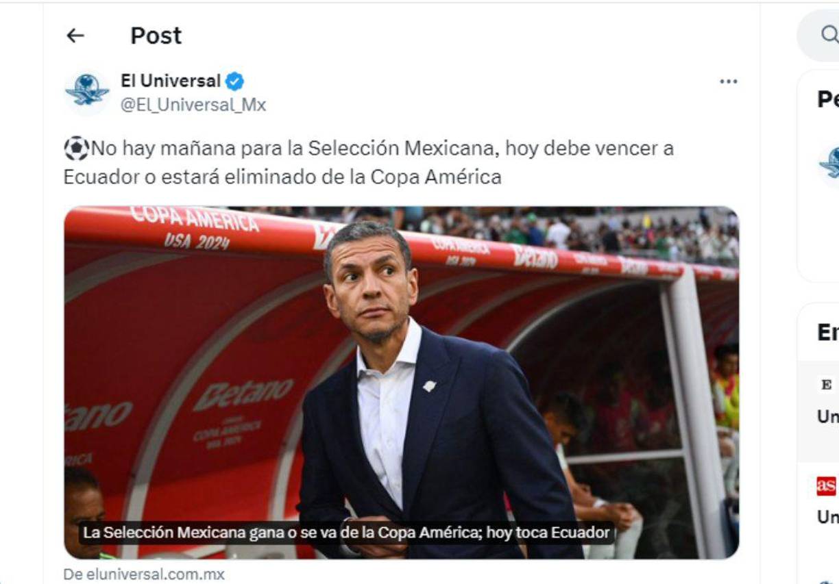 ”No hay mañana para la selección mexicana”, indica El Universal.