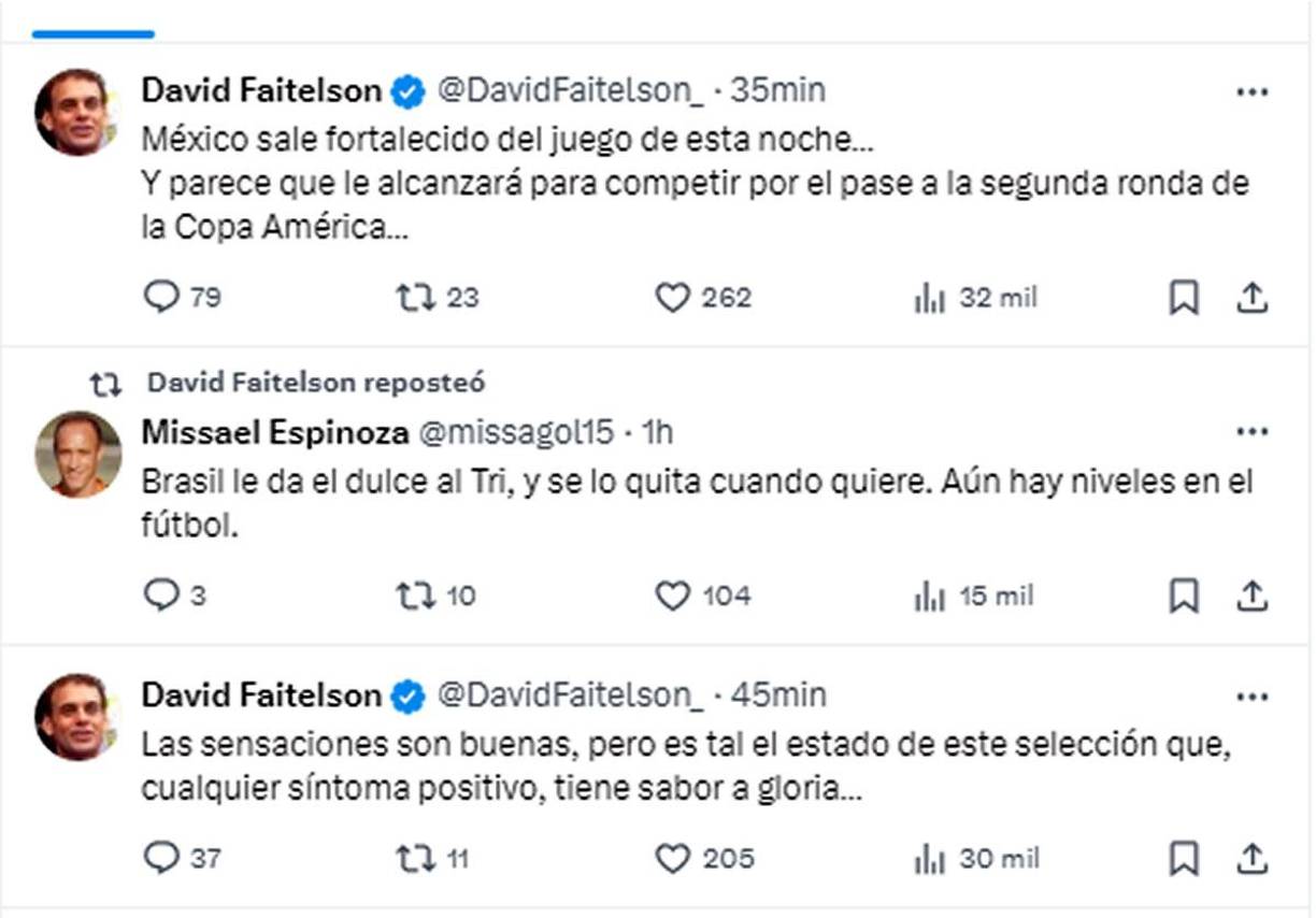 Eso sí, pese a la derrota, David Faitelson asegura que “México sale fortalecido del juego y parece que le alcanzará para competir por el pase a la segunda ronda de la Copa América”.