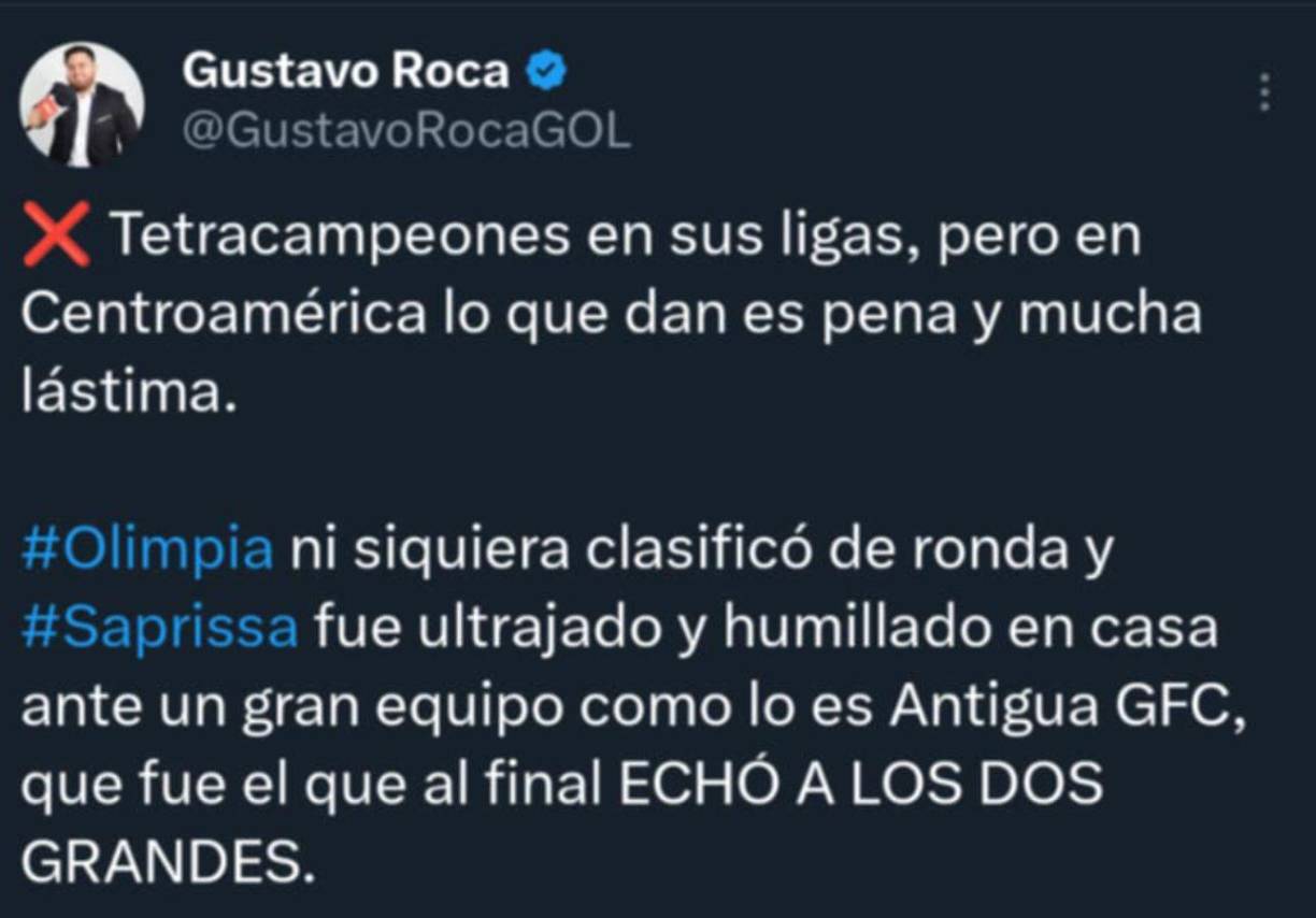 Gusta Roca de Honduras recordó al Olimpia luego de la eliminación del Saprissa, ya que ambos fueron despachos por Antigua de la presente edición de la Copa Centroamericana.