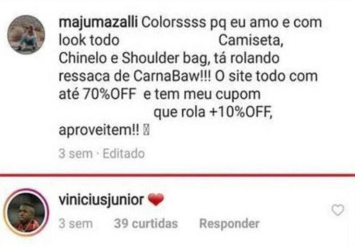 Según 'Lance', Vinicius y Mazali son pareja y ya habían dado otras pistas de su amor en Instagram intercambiándose 'likes' y comentarios. Entre los segundos, evidentemente mucho más significativos, se encuentra el emoticono de un corazón que dejó el jugador a la bloguera en una de sus publicaciones.<br/>