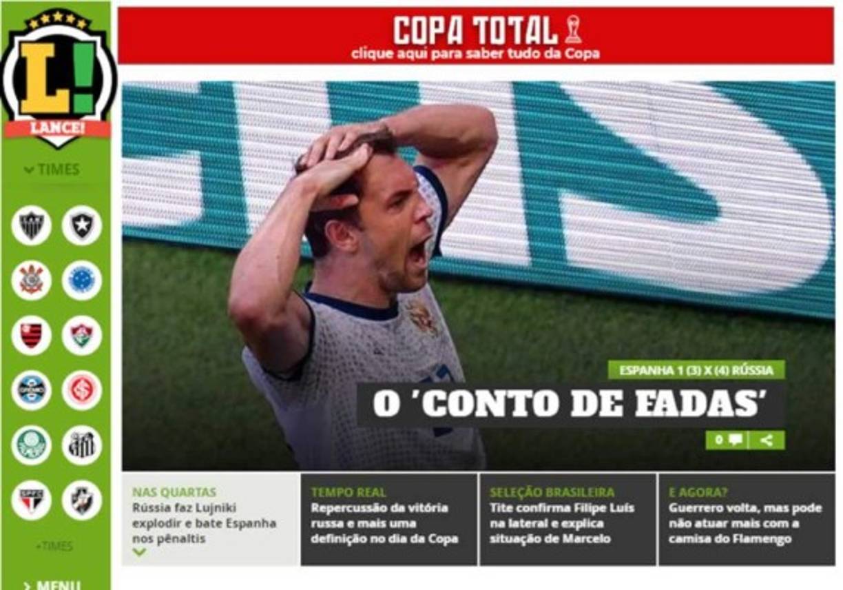 Diario Lance! de Brasil: 'El Cuento de Hadas'. 'Rusia hace explotar Luzhniki y golpea a España en los penaltis'.