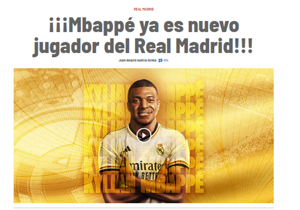 “¡¡¡Mbappé ya es nuevo jugador del Real Madrid!!!”, Diario Marca de España.
