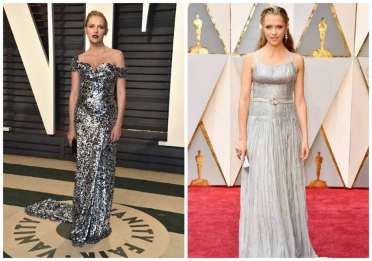 La actriz Teresa Palmer logró reinvindicarse luego de aparecer en la alfombra roja con un soso vestido gris (izq.)
