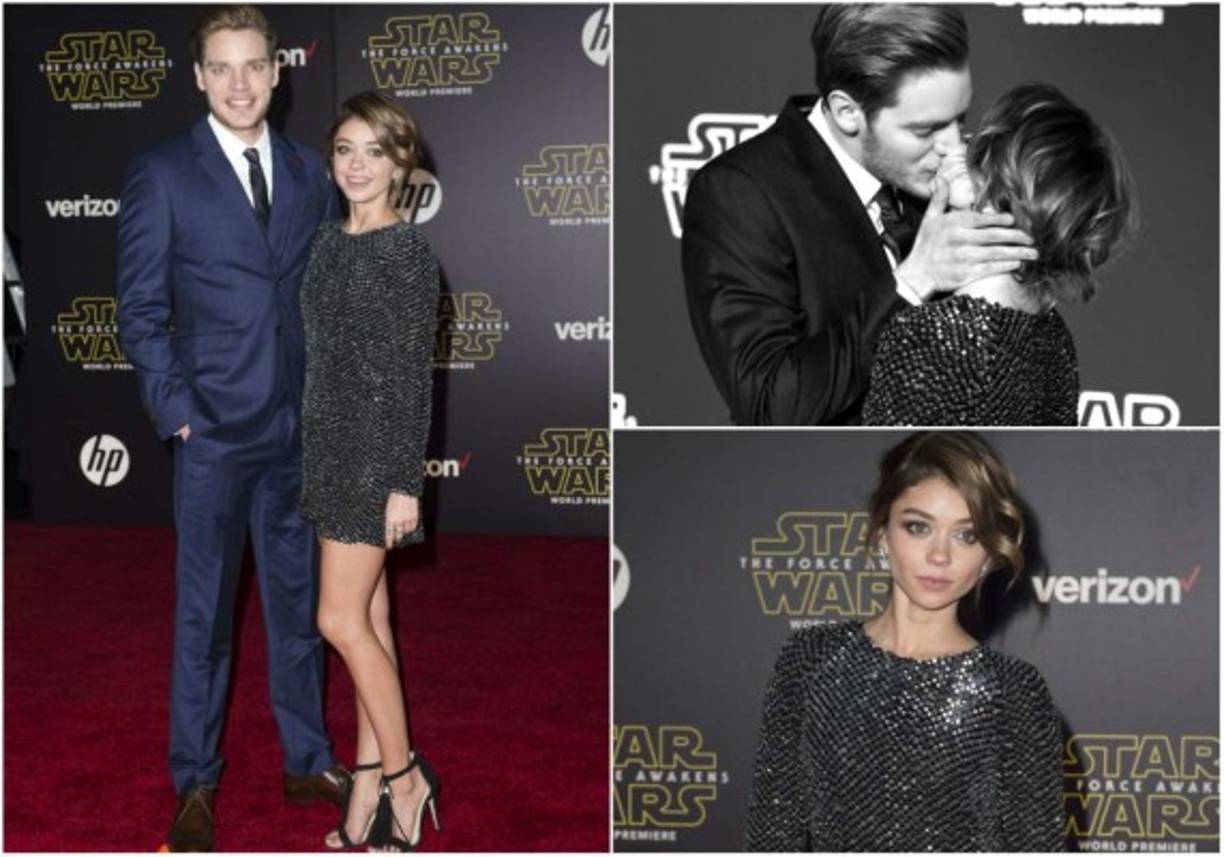 Dominic Sherwood y la actriz Sarah Hyland se vieron muy románticos en la alfombra roja.