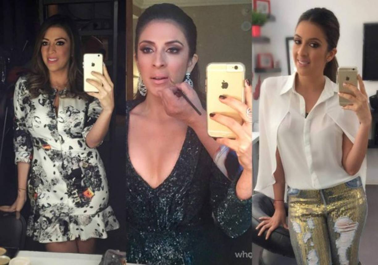 Maity Interiano con tres de sus look haciéndose selfies.