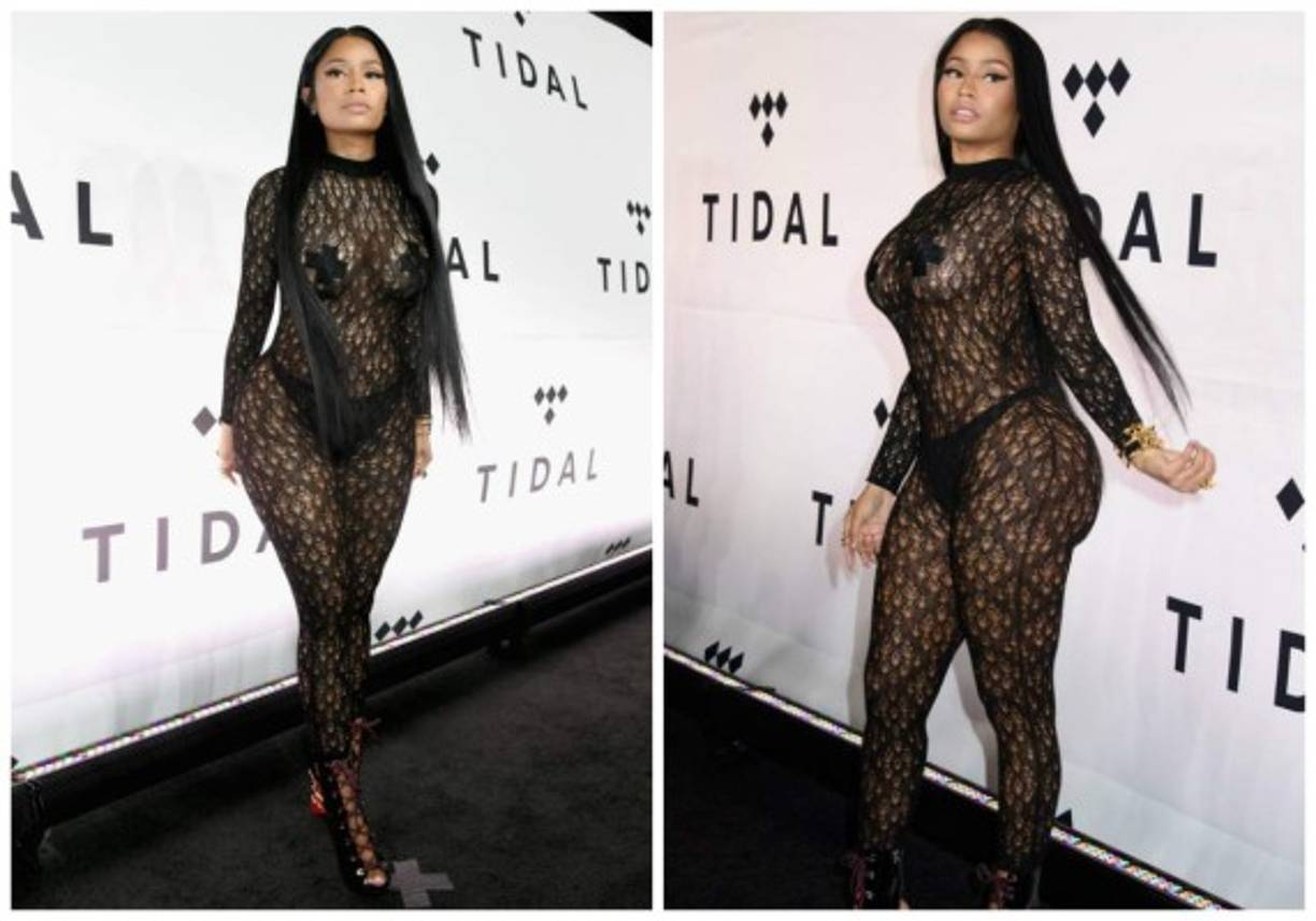 Nicki cubrió solo sus partes más intimas, dejando todo lo demás visible bajo un traje completo de encaje transparente.