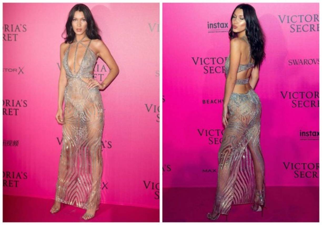 Fresca en su primer desfile en la pasarela de Victoria's Secret 2016, Bella Hadid optó por mantener el motivo de lencería para el after party, con este deslumbrante vestido complementado con una tanga color piel.