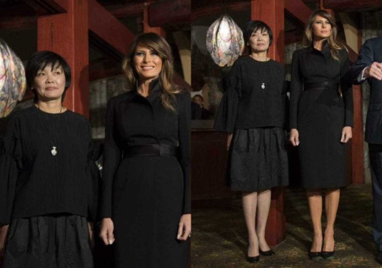 Para la cena del domingo por la noche, Melania Trump y Aki Abe parecían aún más coordinadas de color en vestidos negros cuando cenaron en un restaurante de Tokio con sus maridos.