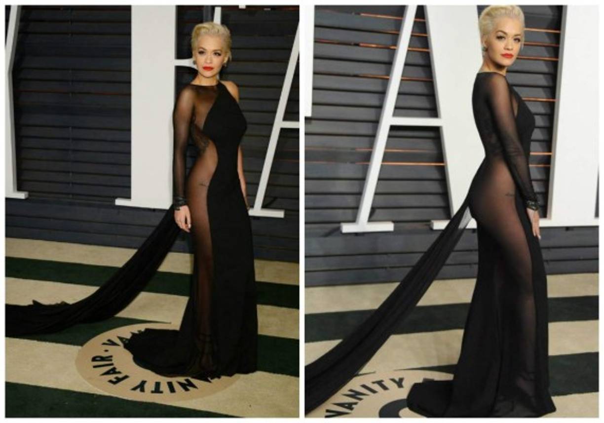 Para la fiesta de Vanity Fair la sexy Rita Ora se atrevió a usar un vestido de Donna Karan con transparencias que dejaba a la vista de todos su derrier.