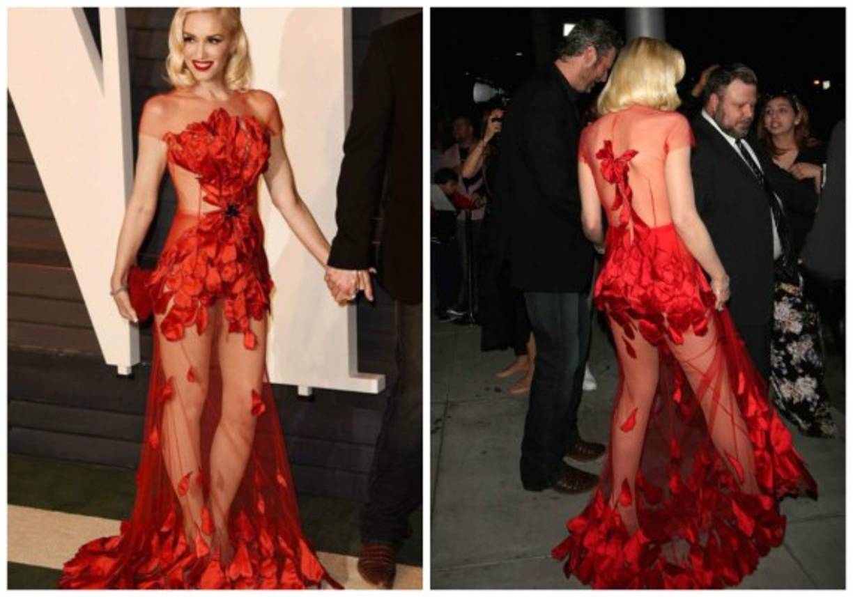 Gwen Stefani en una vestido con los apliques tácticamente colocados que adornaban el corpiño y el fondo de la falda escarpada.