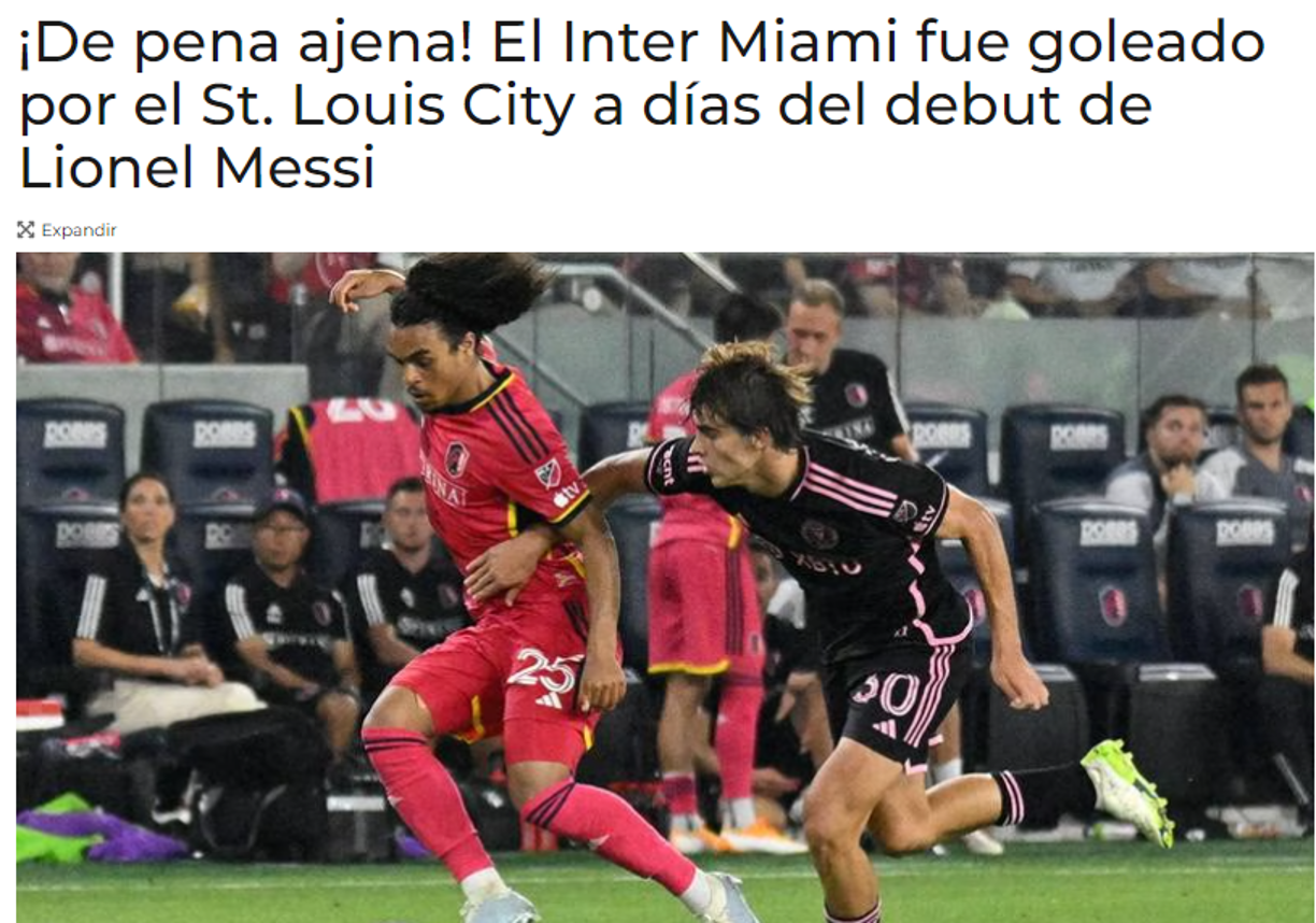 Fox Sports: “¡De pena ajena! El Inter Miami fue goleado por el St. Louis City a días del debut de Lionel Messi”.