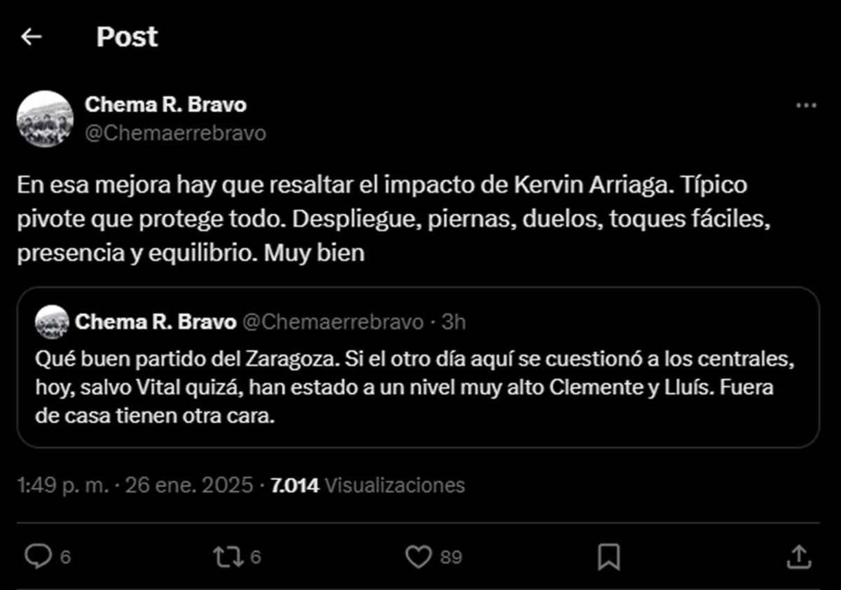 El periodista Chema R. Bravo no dudo en destacar a Kervin Arriaga. “Típico pivote que protege todo. Despliegue, piernas, duelos, toques fáciles, presencia y equilibrio. Muy bien”.