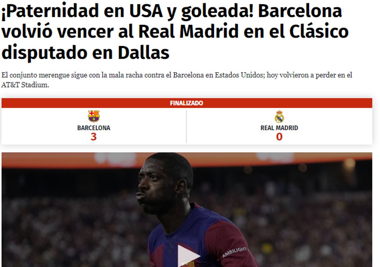 Diario Diez: “¡Paternidad en USA y goleada! Barcelona volvió a vencer al Real Madrid en el Clásico disputado en Dallas”.