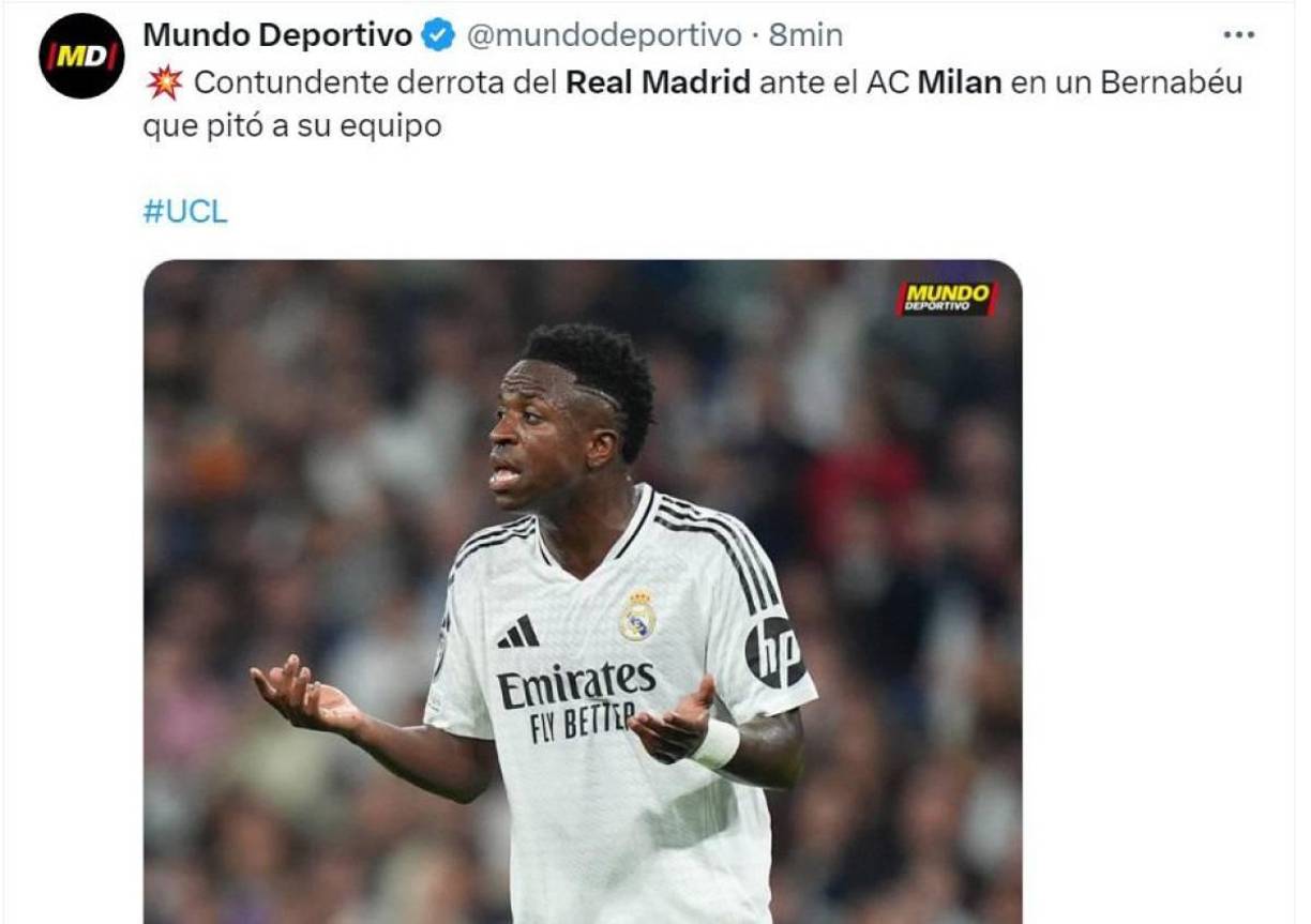 Mundo Deportivo resaltó la derrota con una imagen de Vinicius.