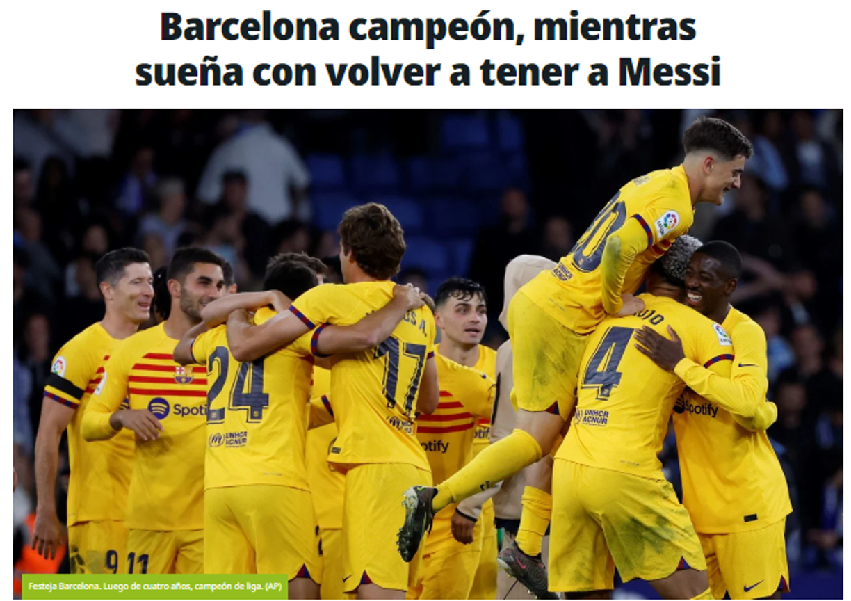 Diario Olé de Argentina: “Barcelona campeón, mientras sueña con volver a tener a Messi”.