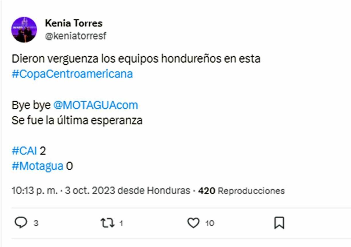 La comunicadora Kenia Torres fue contundente con su mensaje: “Dieron vergüenza los equipos hondureños en esta Copa Centroamericana. Se fue la última esperanza”.