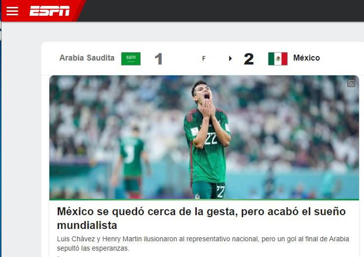 ESPN México destaca que estuvieron “cerca de la gesta” pero “se acabó el sueño mundialista”.