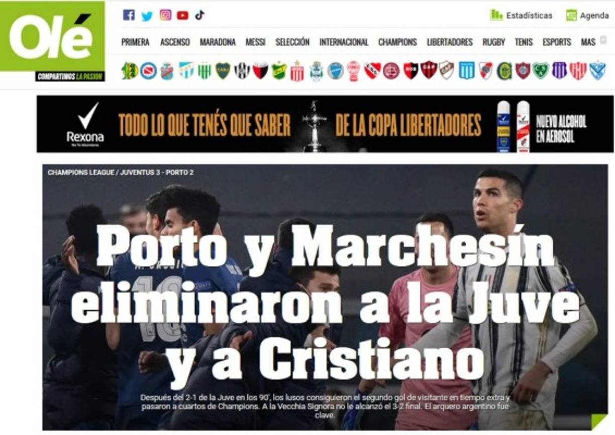 Olé subrayó en la presencia del argentino Marchesín, uno de los pilares de la clasificación portuguesa en Italia.