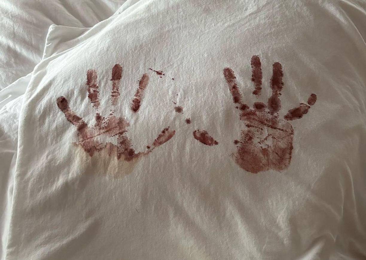 Con el mensaje poético destacado en las cuatro postales, se destaca que Camilo pintó las sábanas de su cama con sangre del nacimiento de la pequeña Amaranto. “Papá te atrapó y pintaste sus manos para siempre”.