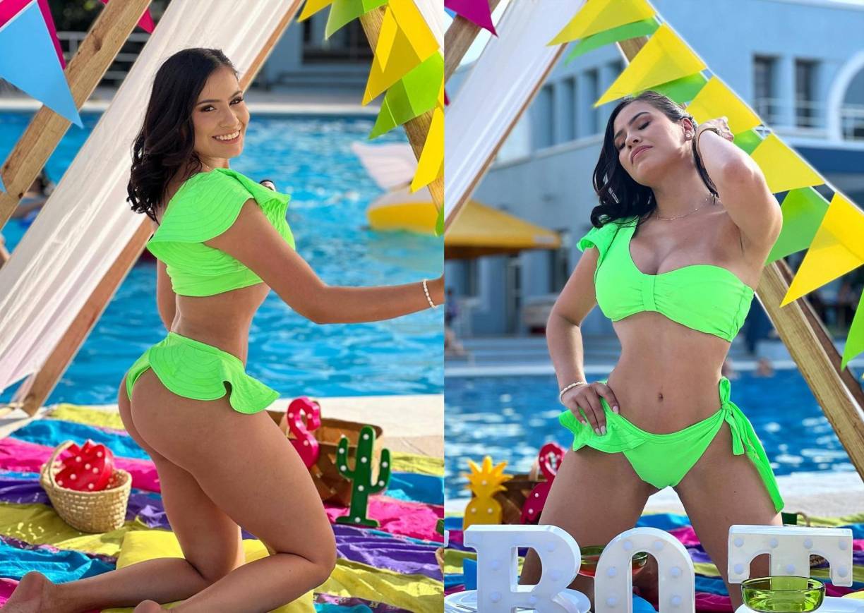 Muy sexi lució también con este sexi traje de baño de dos piezas en color verde neón.