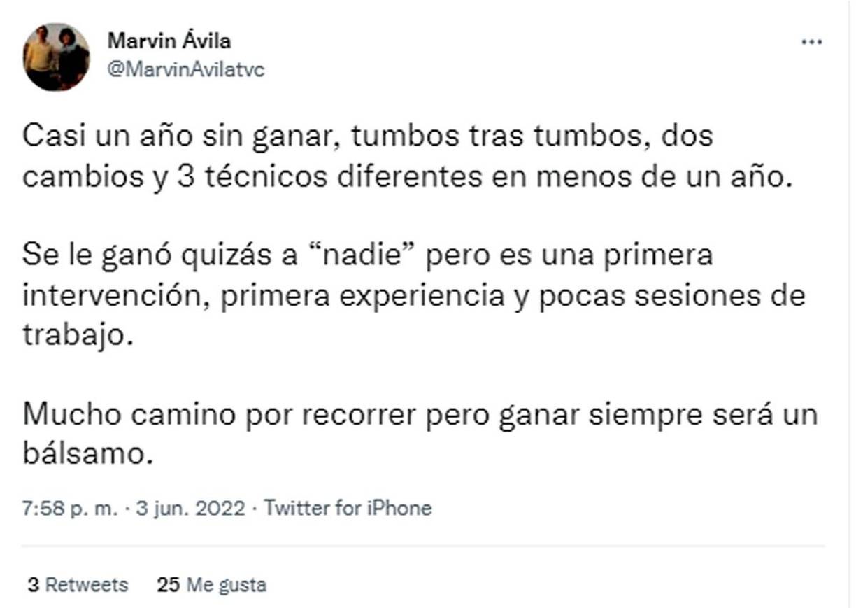 Marvin Ávila de Televicentro - “Casi un año sin ganar, tumbos tras tumbos, dos cambios y 3 técnicos diferentes en menos de un año. Se le ganó quizás a “nadie” pero es una primera intervención, primera experiencia y pocas sesiones de trabajo. Mucho camino por recorrer pero ganar siempre será un bálsamo”.