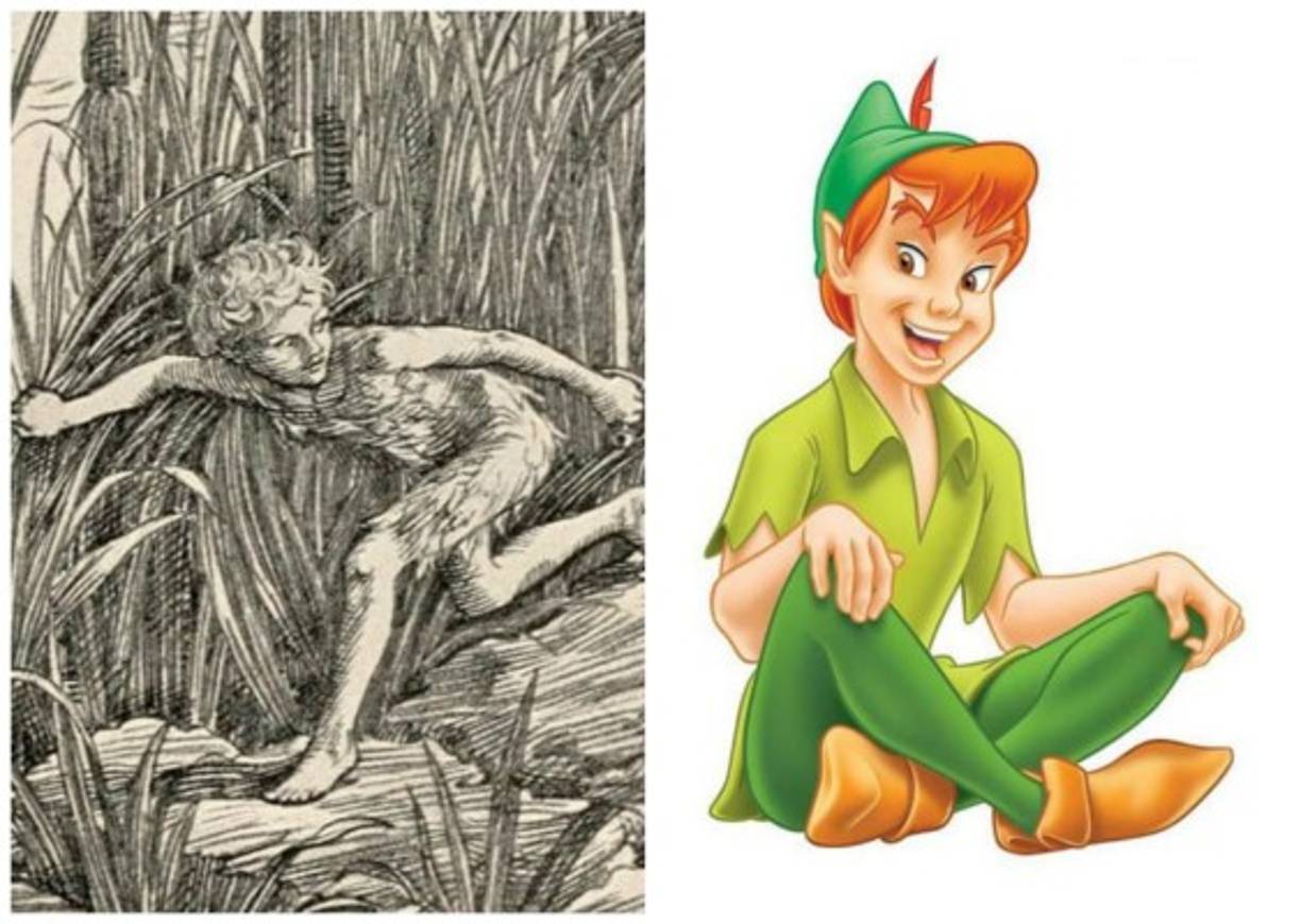Peter Pan en una ilustración de un cuento en 1902 y el dibujo animado de Disney de 1953.