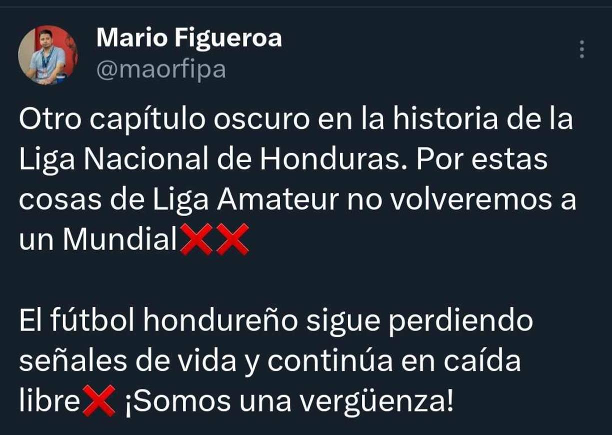 Periodistas se mostraron indignados por el hecho de que la energía eléctrica se fue justamente solo en el estadio y no en los alrededores del mismo: “Otro capítulo oscuro en la historia de la Liga Nacional de Honduras”, dijo Mario Figueroa.
