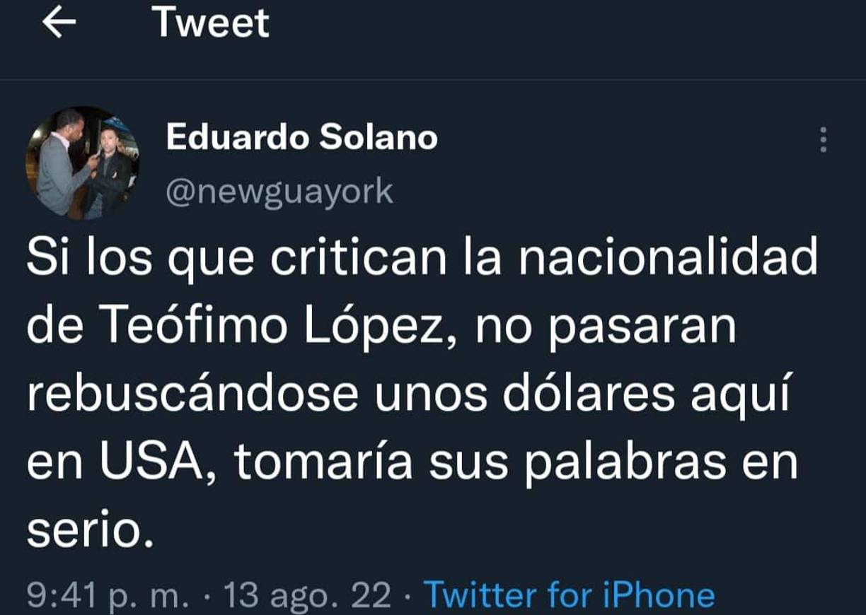 El periodista Eduardo Solano dio su punto de vista sobre los que cuestionan la nacionalidad de Teófimo López.