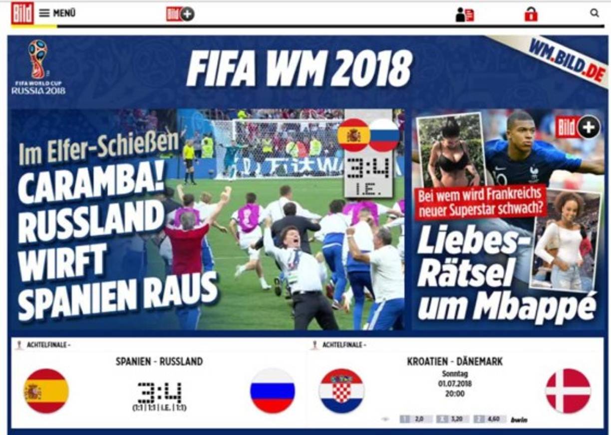 Diario Bild de Alemania: '¡Caramba! Los rusos arrojan a España en la tanda de penales'. '¡El cuento de hadas ruso de verano continúa después de una dramática tanda de penaltis!'.