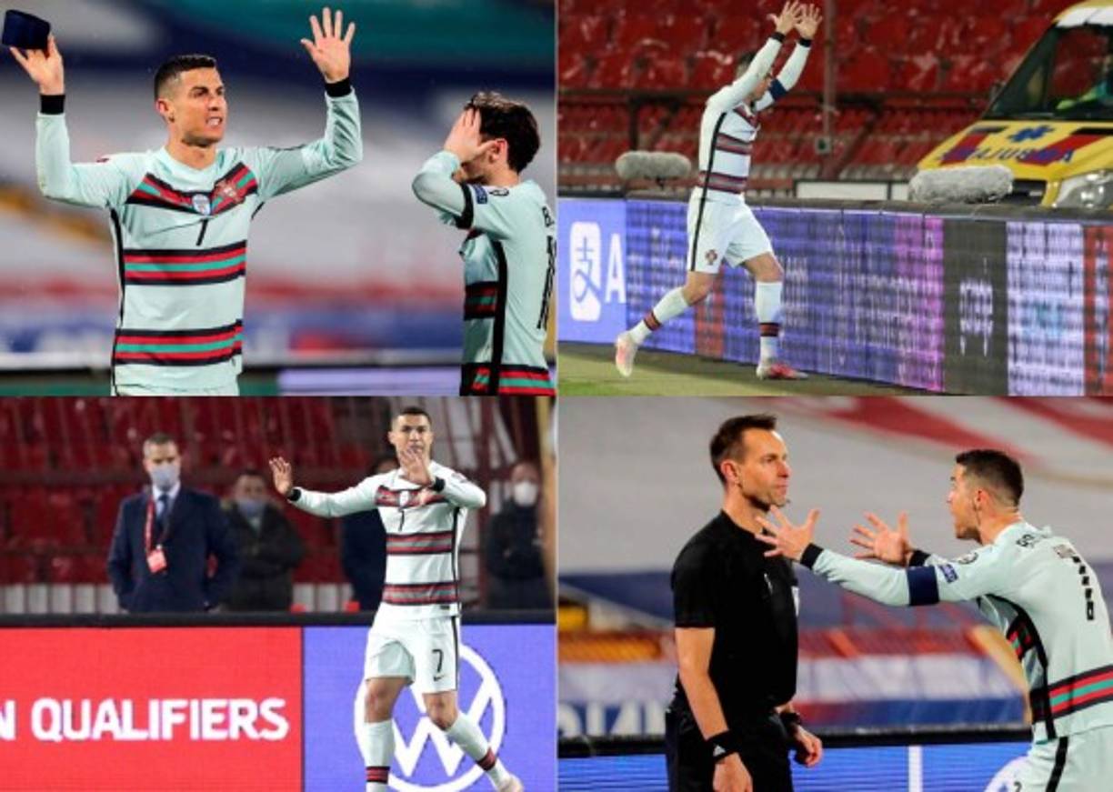 Cristiano Ronaldo estalló en el tiempo añadido del partido disputado en Belgrado contra Serbia (2-2), después de que le fuera anulado un gol. El crack luso no podía creer lo ocurrido y terminó haciendo gestos que generan todo tipo de comentarios. Fotos EFE y AFP.