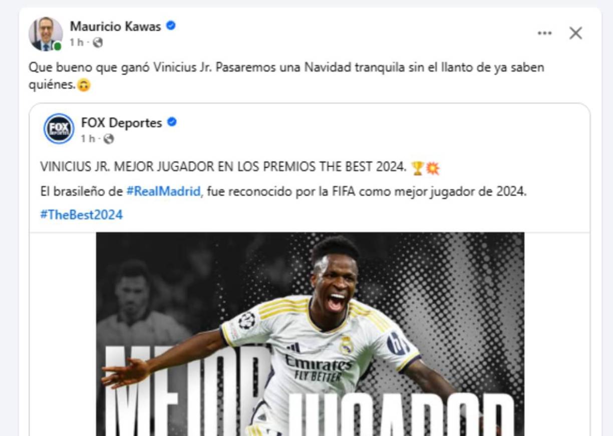 Mauricio Kawas de Honduras: “Que bueno que ganó Vinicius. Pasaremos una Navidad tranquila sin el llanto de ya saben quiénes.”