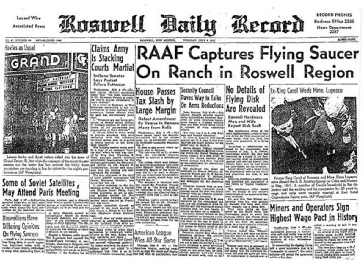 ROSWELL, NUEVO MÉXICO (1947)<br/>Es quizá el incidente ovni más conocido de todos. Ocurrido a comienzos de julio de 1947, cuando un objeto desconocido se estrelló en un rancho cerca de la localidad de Roswell. Las autoridades explicaron el incidente diciendo que se trataba de un simple globo meteorológico, pero eso cambió en los años 70, cuando comenzaron a proliferar toda clase de historias y teorías conspirativas, según las cuales, el objeto era una nave alienígena, que fue llevada junto con los cuerpos de los ocupantes a la instalación militar conocida como Área 51 en el desierto de Nevada. <br/>
