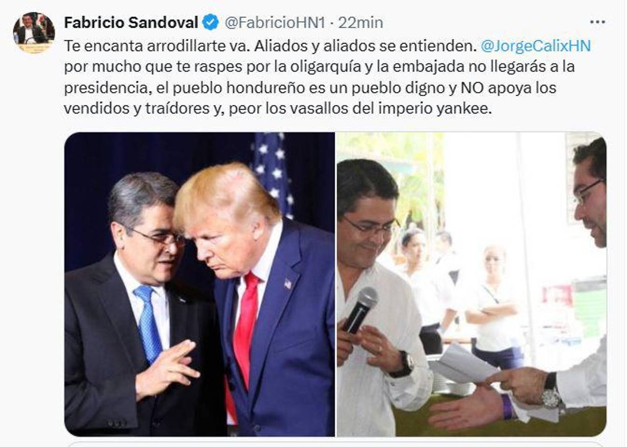 Fabricio Sandoval, diputado del Partido Libre, respondió a una publicación del precandidato presidencial Jorge Cálix. 
